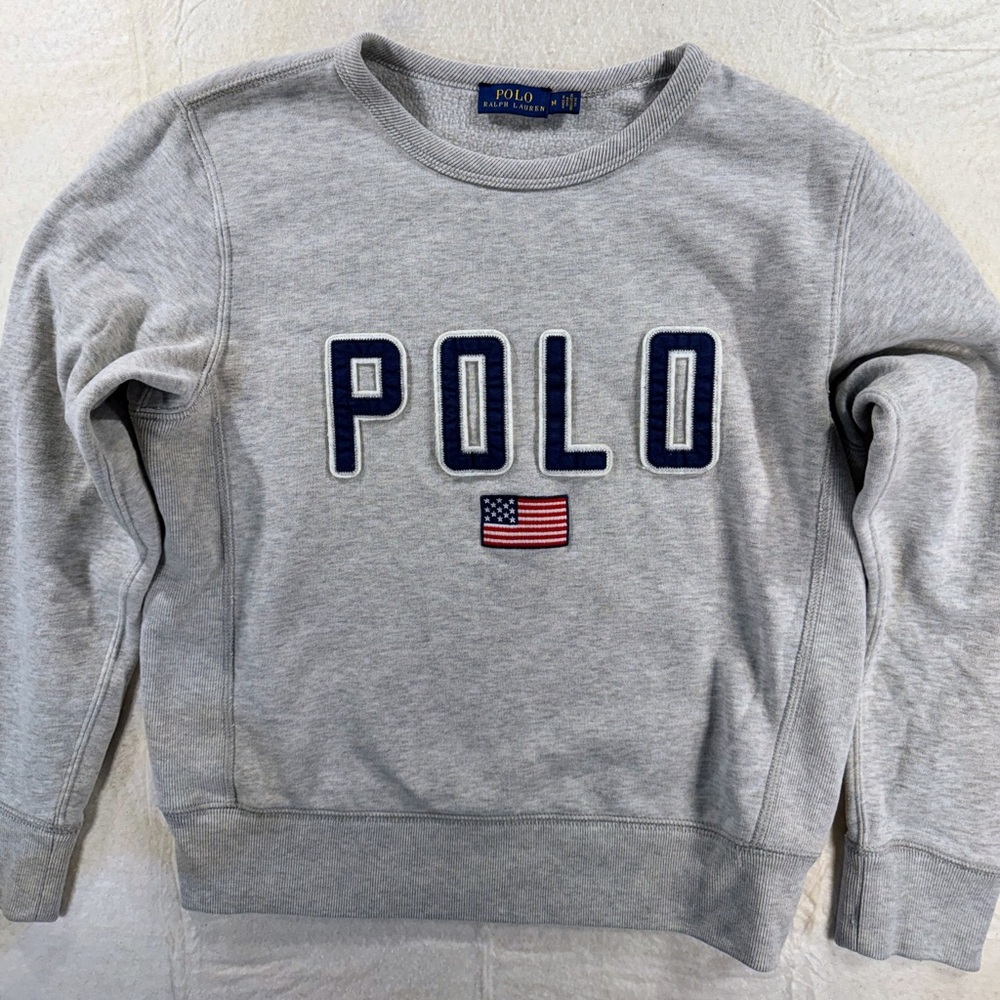 Polo Ralph Lauren Grey Crew Neck American Flag Embroidery USA Patriotic Sporty